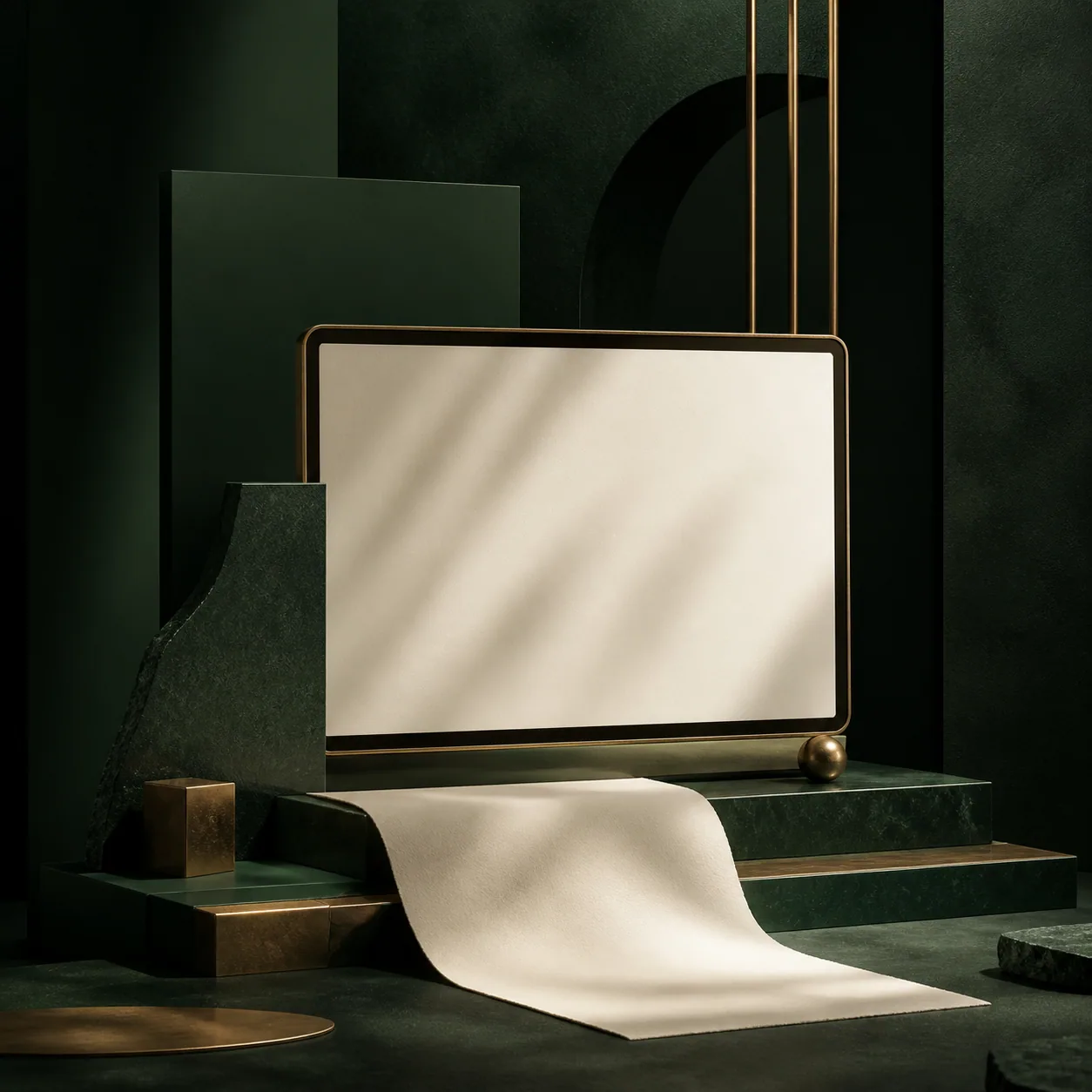 Direção visual premium em verde profundo, ouro envelhecido e marfim